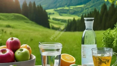 A table setup showcasing 5 innovative hydration habits to boost mental clarity, featuring water bottles and fresh fruits.