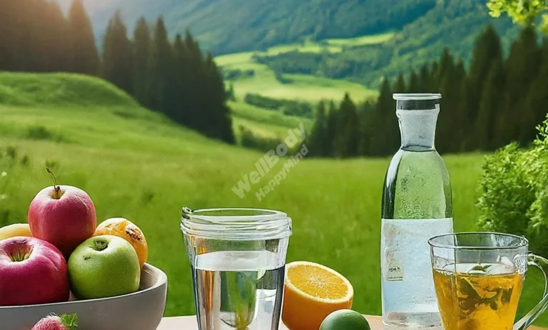 A table setup showcasing 5 innovative hydration habits to boost mental clarity, featuring water bottles and fresh fruits.