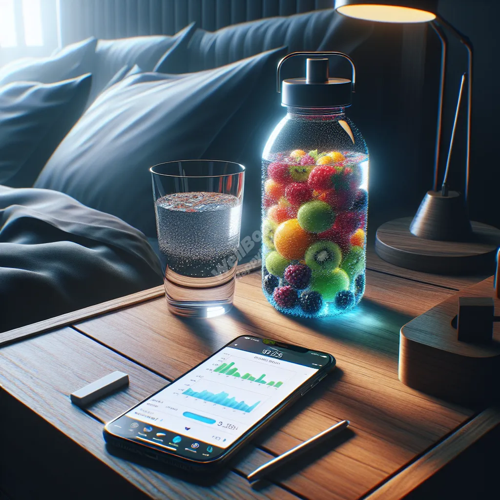 A bedside table with a glass of water, a water bottle with infused fruits, and a smartphone showing a hydration app