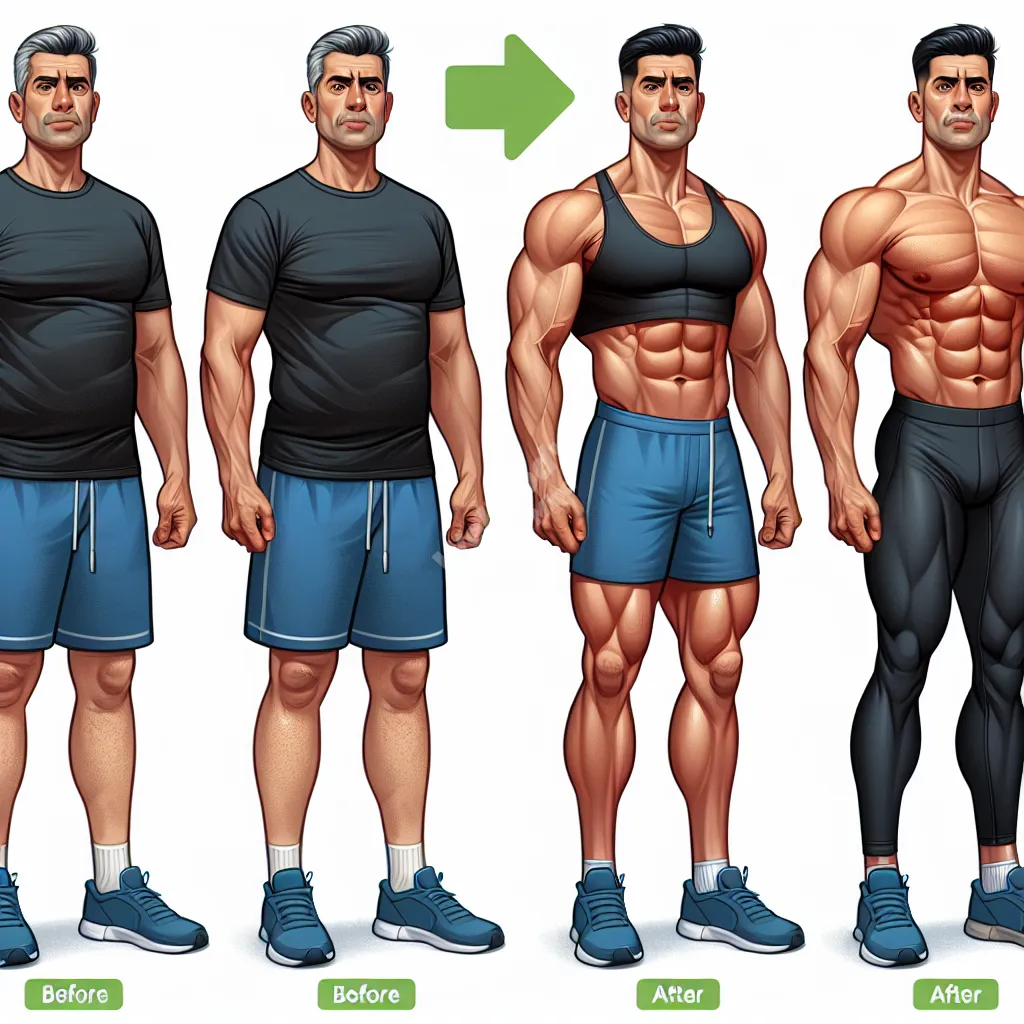 A before and after comparison of someone's fitness journey, showing visible progress in muscle tone and overall physique