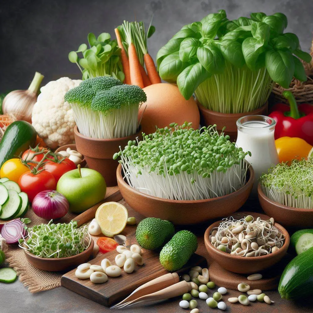 A close-up of various living foods, including sprouts, microgreens, and fresh vegetables