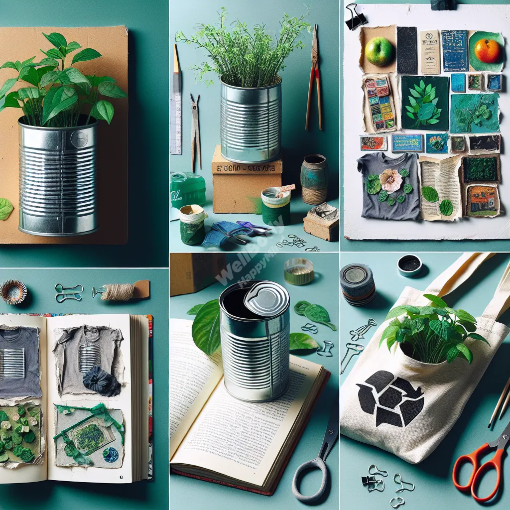A collage of finished zero waste crafts, including a tin can planter, t-shirt tote bag, and upcycled book art