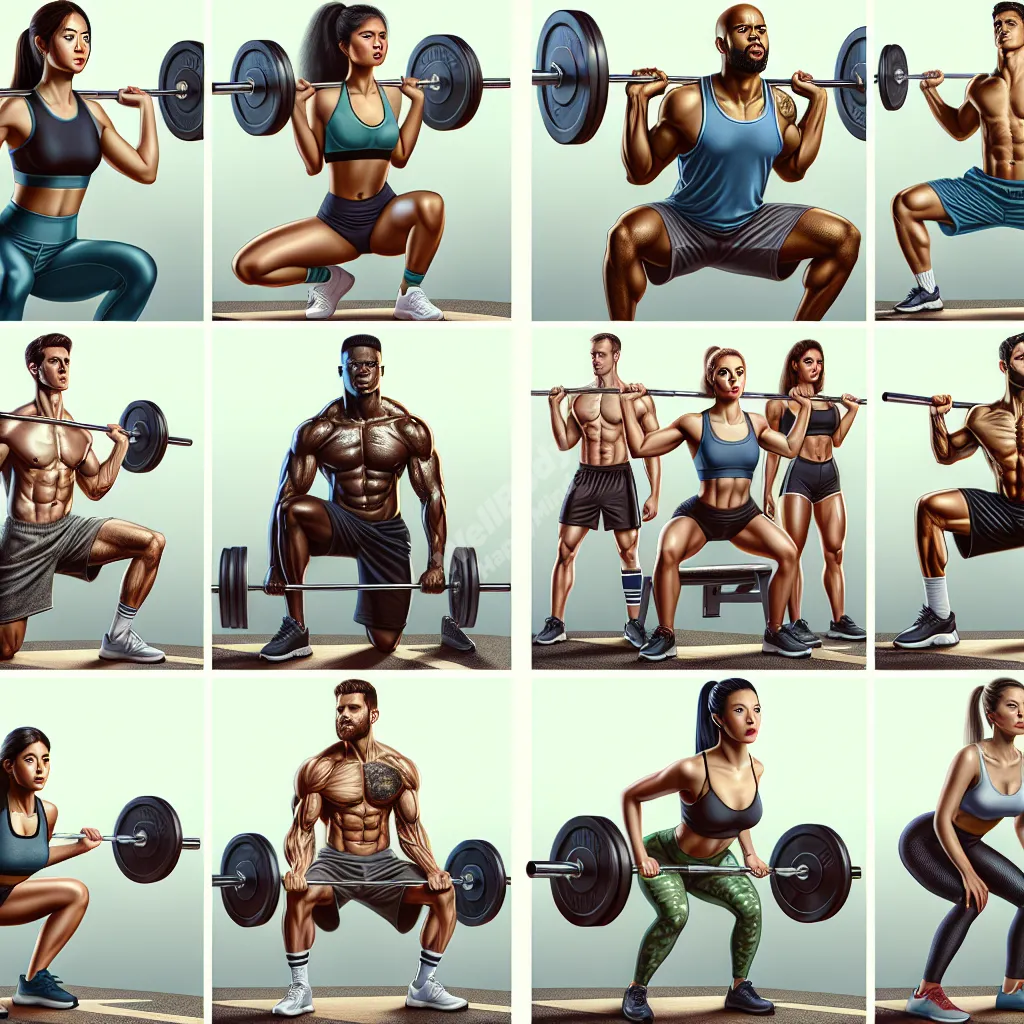 A collage of people demonstrating proper form for key exercises from each muscle group