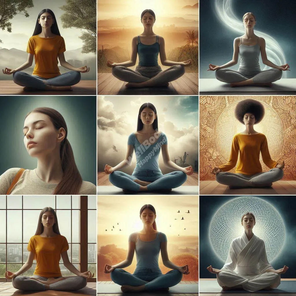 A collage of people practicing various relaxation techniques like meditation, yoga, and deep breathing