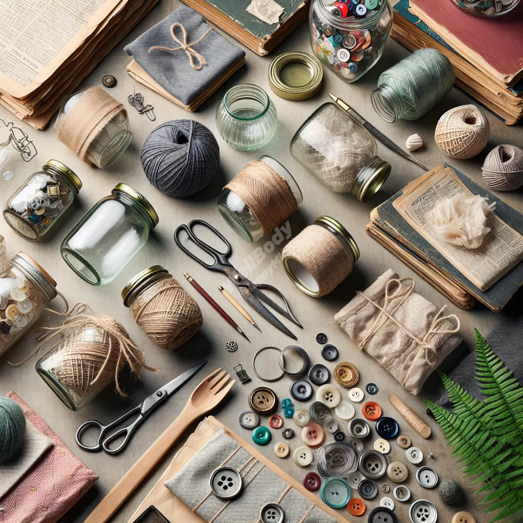 A collection of common household items that can be used for zero waste crafting, neatly arranged