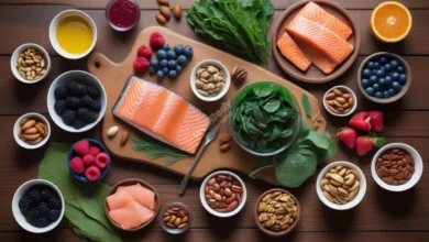 A colorful array of superfoods like berries, leafy greens, nuts, and salmon arranged on a wooden table