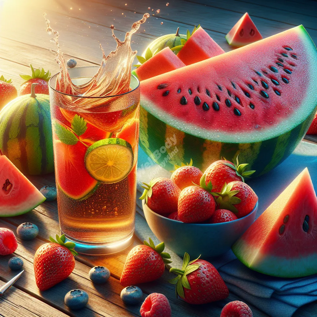 A colorful breakfast spread featuring hydrating foods like watermelon, strawberries, and a glass of herbal tea