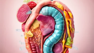 A colorful illustration of the human digestive system, highlighting the gut barrier with a magnified view of its components