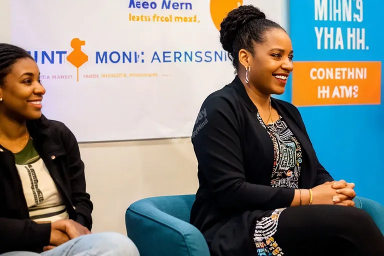A community mental health awareness event with interactive booths, workshops, and people engaging in discussions