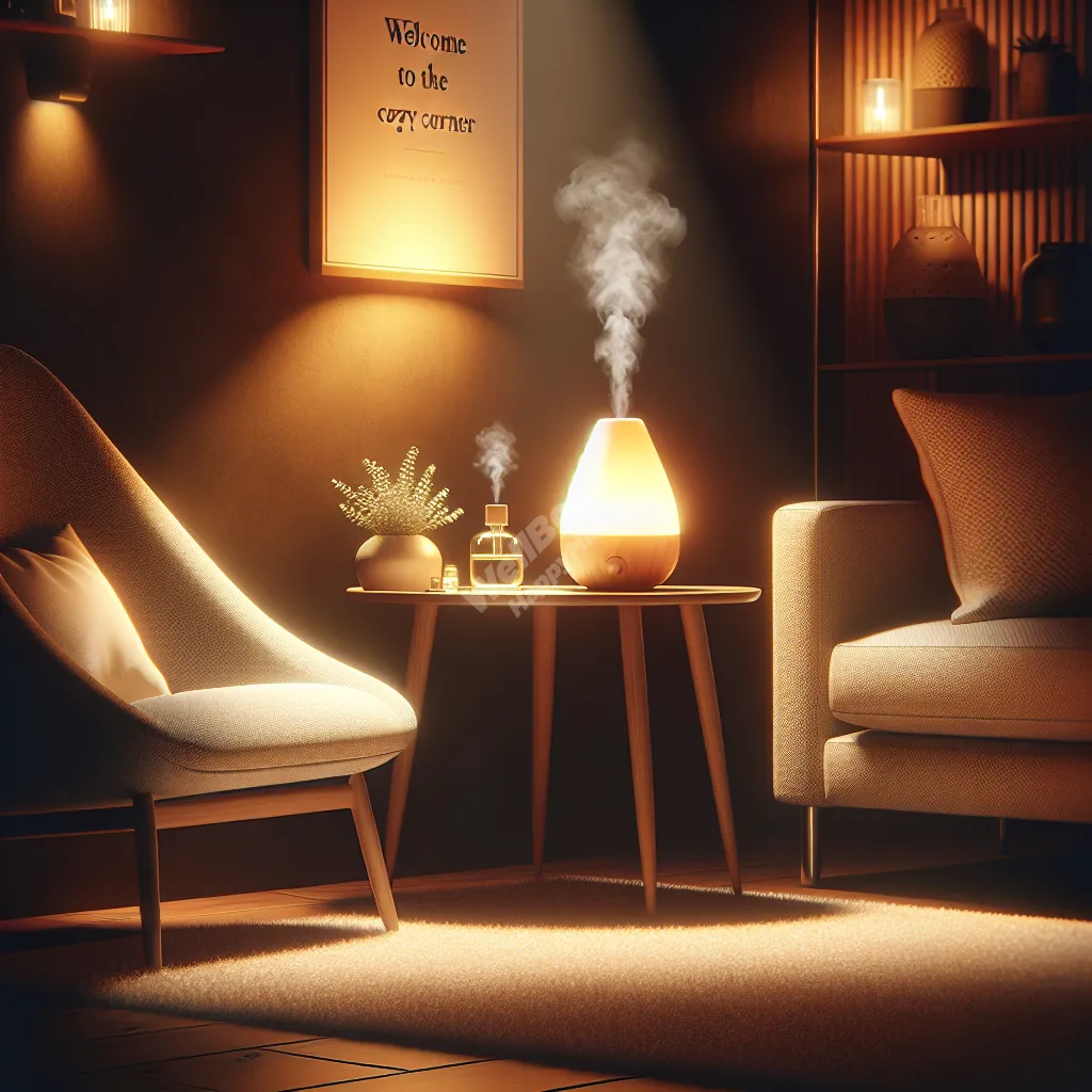 A cozy corner with dimmed lights, essential oil diffuser, and comfortable seating