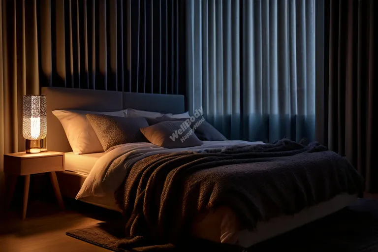 A cozy, dimly lit bedroom with blackout curtains, comfortable bedding, and a small diffuser on the nightstand