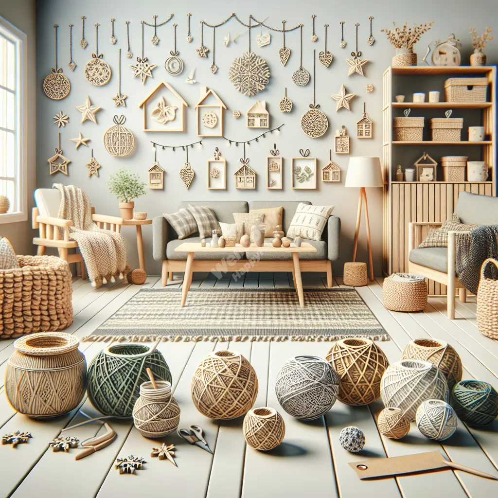A cozy family room decorated with various zero waste crafts, showcasing a warm and personalized environment