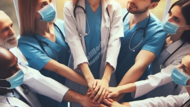 A diverse group of medical professionals supporting each other, symbolizing unity and self-care in healthcare