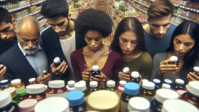A diverse group of people examining various supplement bottles in a well-lit health food store