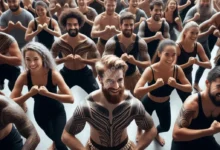 A diverse group of people, including Maori and non-Maori, performing Haka together, symbolizing unity and cultural appreciation