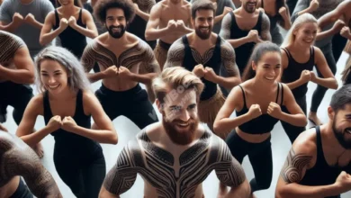 A diverse group of people, including Maori and non-Maori, performing Haka together, symbolizing unity and cultural appreciation