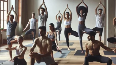 A diverse group of people practicing various yoga poses in a serene studio setting