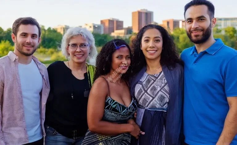 A diverse group of people standing together, supporting each other, with a mental health community center in the background