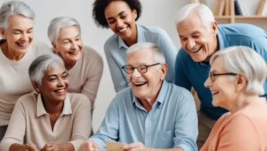 A diverse group of smiling seniors engaging in various brain-training activities