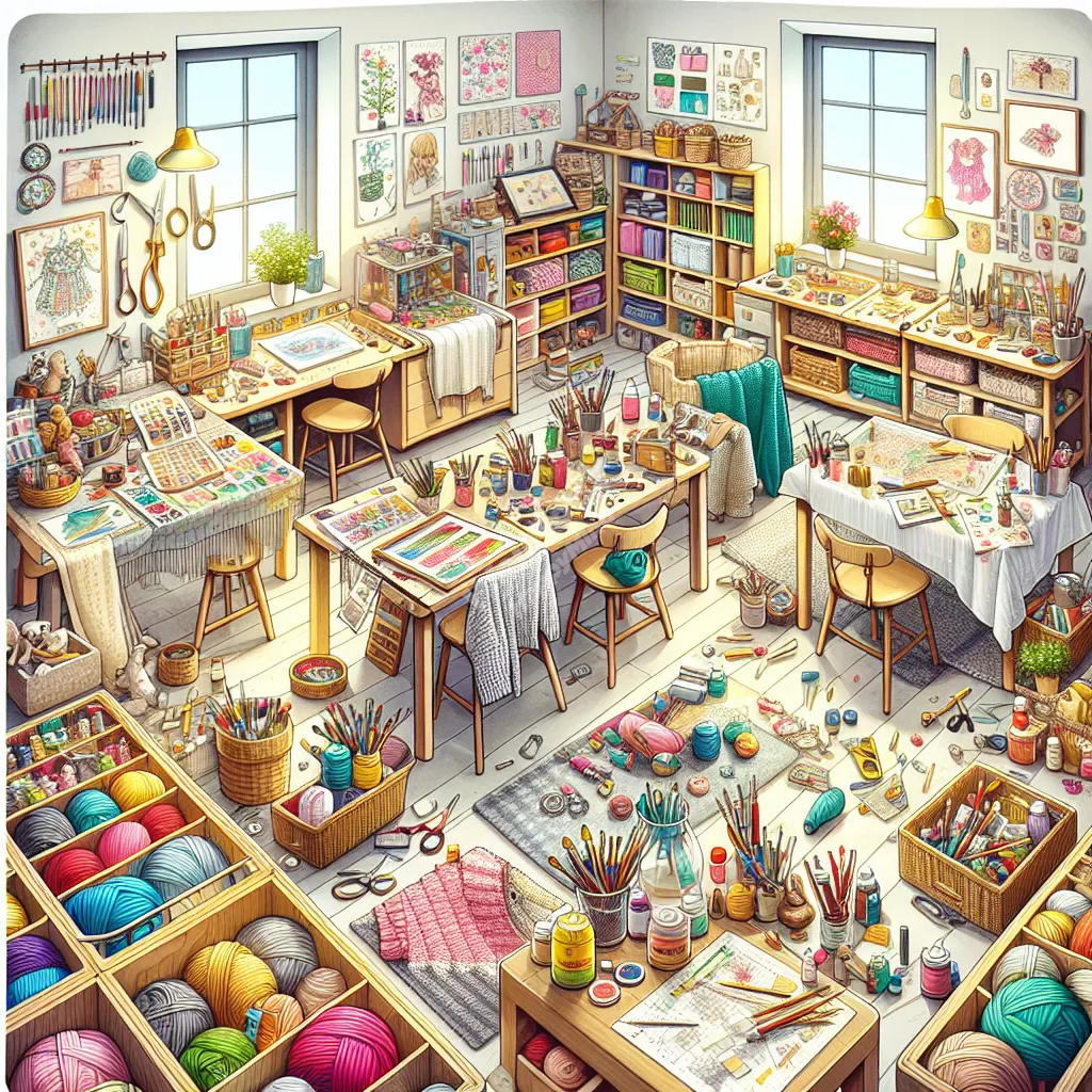 A family craft area with different stations set up, showing materials, tools, and works in progress