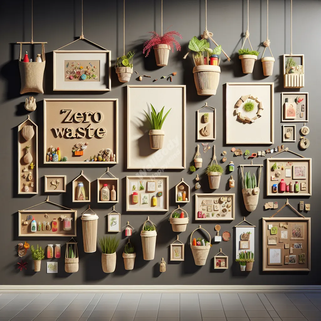 A family gallery wall displaying various zero waste crafts, including framed artwork, hanging planters, and upcycled decorations