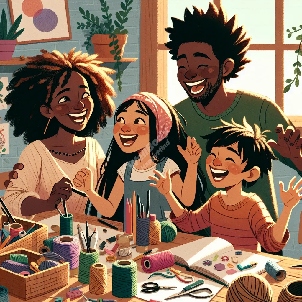 A family happily working together on a zero waste craft project, with visible joy and engagement on their faces