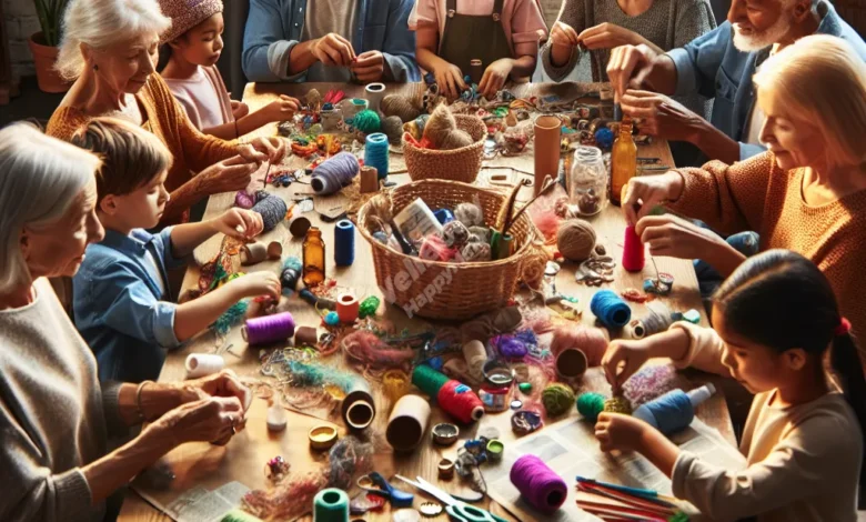 A family sitting together at a table, surrounded by colorful crafting materials made from recycled items