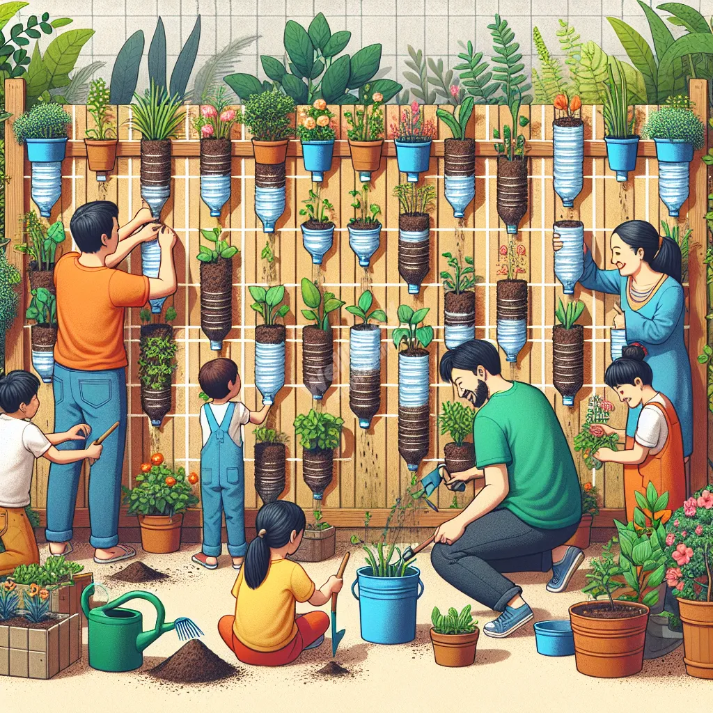 A family working together on a vertical garden made from recycled plastic bottles