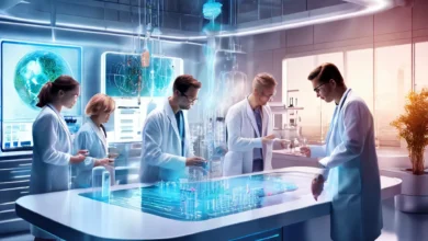 A futuristic medical lab with advanced technology and researchers working on longevity solutions