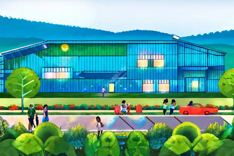 A hopeful scene of community members supporting each other, with a vibrant mental health community center in the background