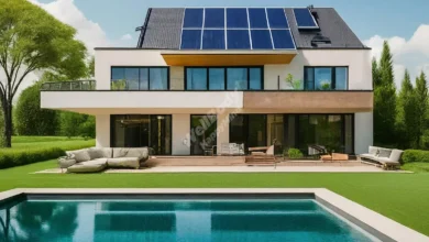 A modern, eco-friendly home with solar panels and lush green landscaping