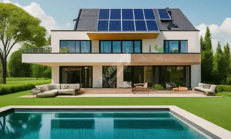 A modern, eco-friendly home with solar panels and lush green landscaping