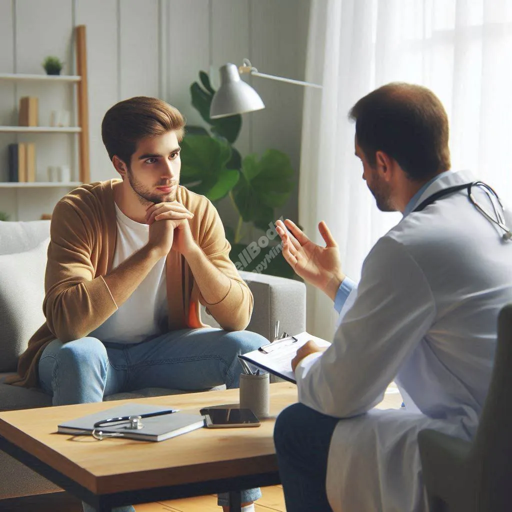 A patient consulting with a healthcare professional in a comfortable office setting