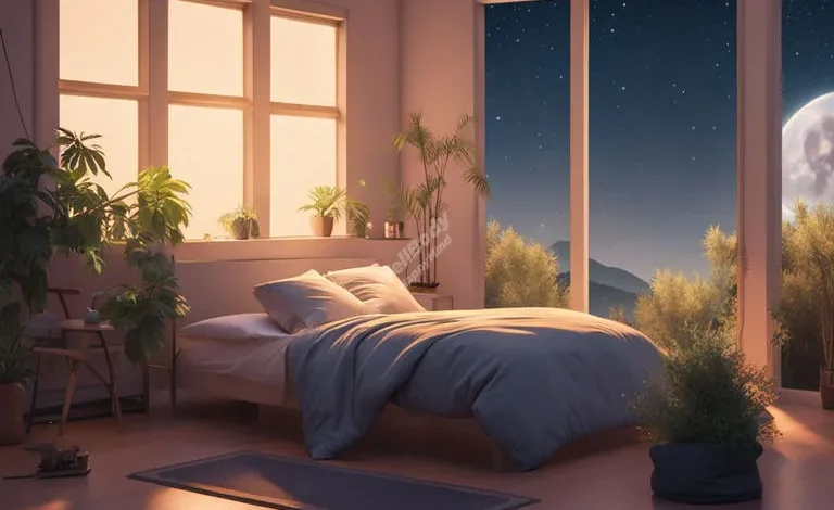 A peaceful bedroom scene with soft lighting and a person sleeping soundly, surrounded by calming nature elements like plants or a starry night sky through a window