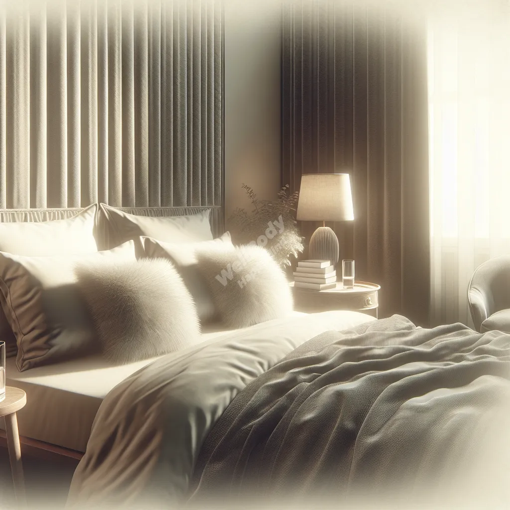 A peaceful bedroom setting with soft bedding, blackout curtains, and a bedside table with a book and glass of water