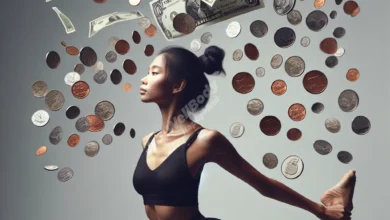 A person doing a Pilates pose with coins and dollar bills floating around them