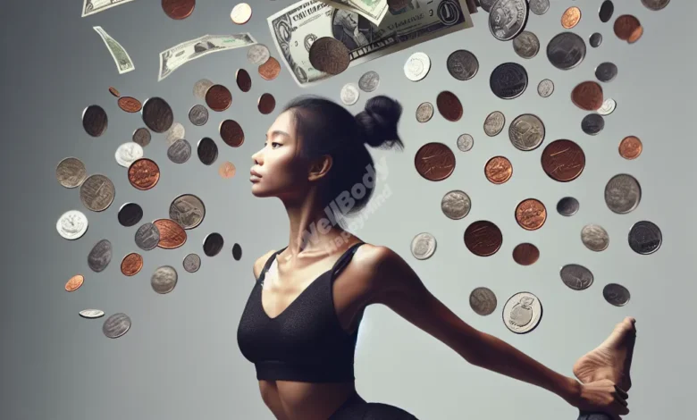 A person doing a Pilates pose with coins and dollar bills floating around them