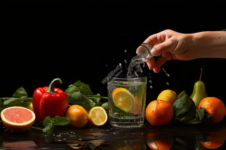 A person drinking water from a glass, surrounded by water-rich fruits and vegetables