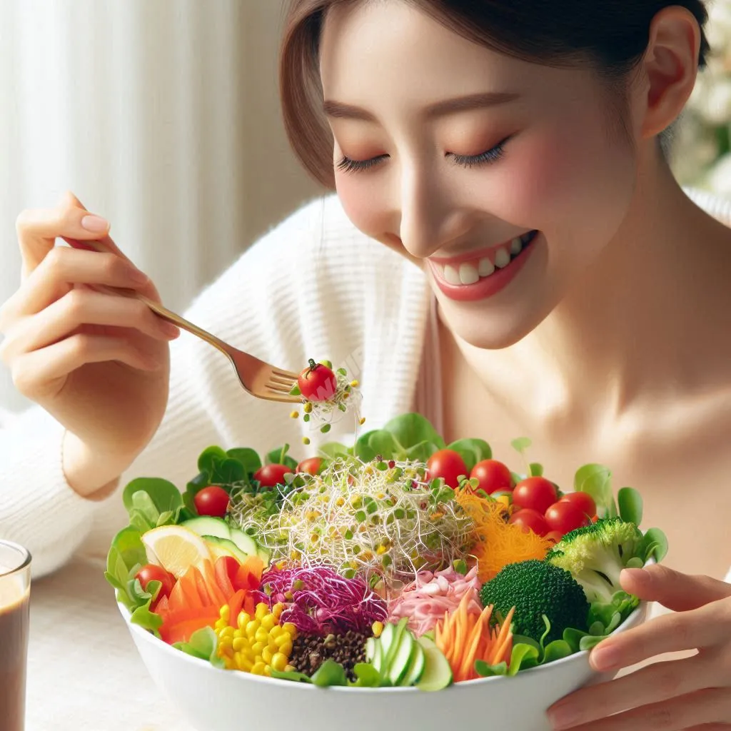 A person enjoying a colorful salad made with various sprouted foods and fresh vegetables