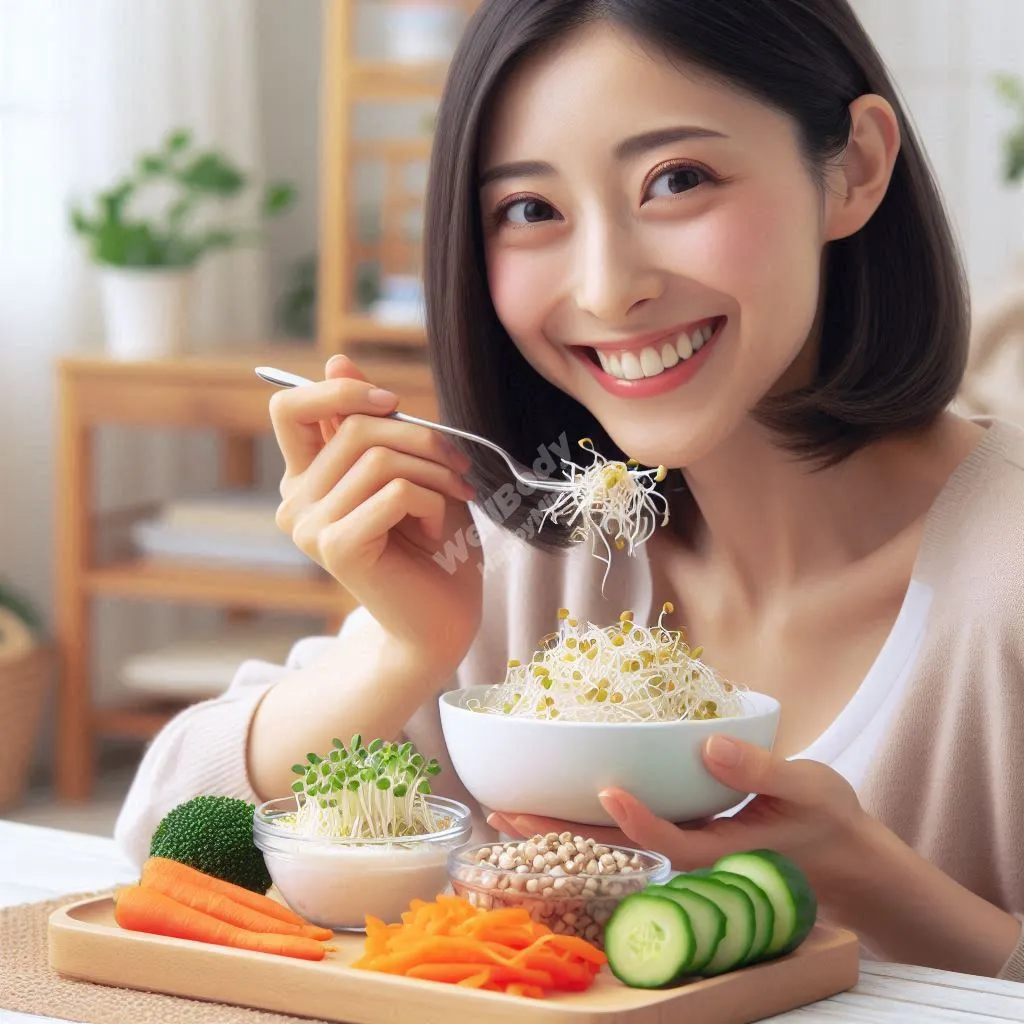 A person enjoying a meal made with various sprouted foods, looking happy and healthy