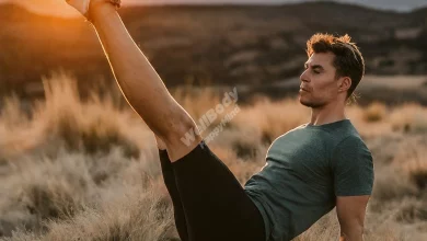 A person exercising outdoors in a scenic natural setting, demonstrating various fitness activities