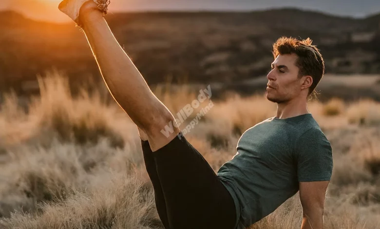 A person exercising outdoors in a scenic natural setting, demonstrating various fitness activities