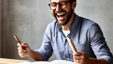 A person joyfully celebrating an achievement, with a journal and pen nearby