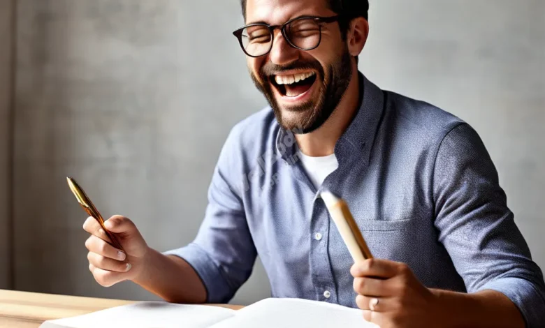 A person joyfully celebrating an achievement, with a journal and pen nearby