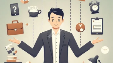 A person juggling work items and personal life symbols, representing work-life balance