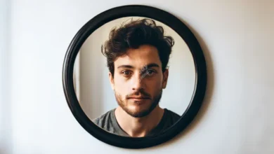 A person looking in a mirror with a kind, compassionate expression