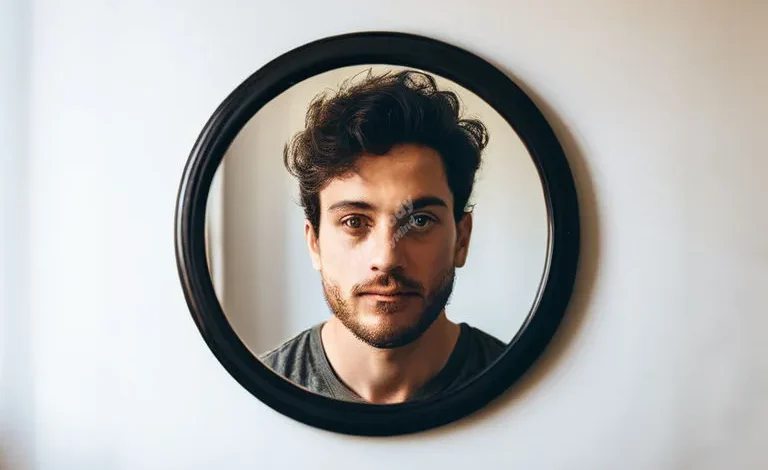 A person looking in a mirror with a kind, compassionate expression