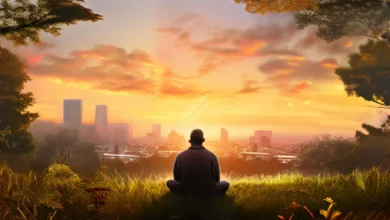 A person meditating in a peaceful natural setting, with a cityscape visible in the background