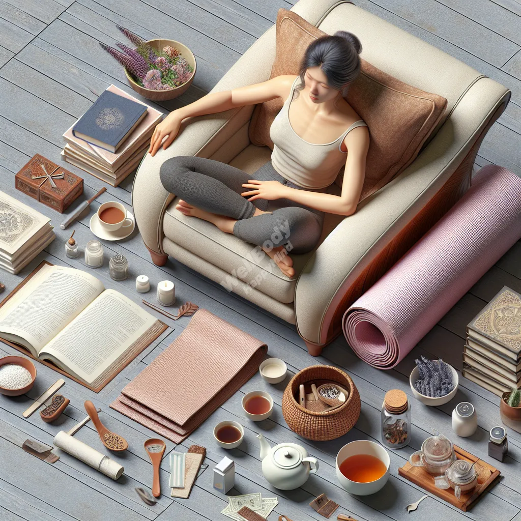A person relaxing in a comfortable chair, surrounded by various self-care items like books, tea, and a yoga mat