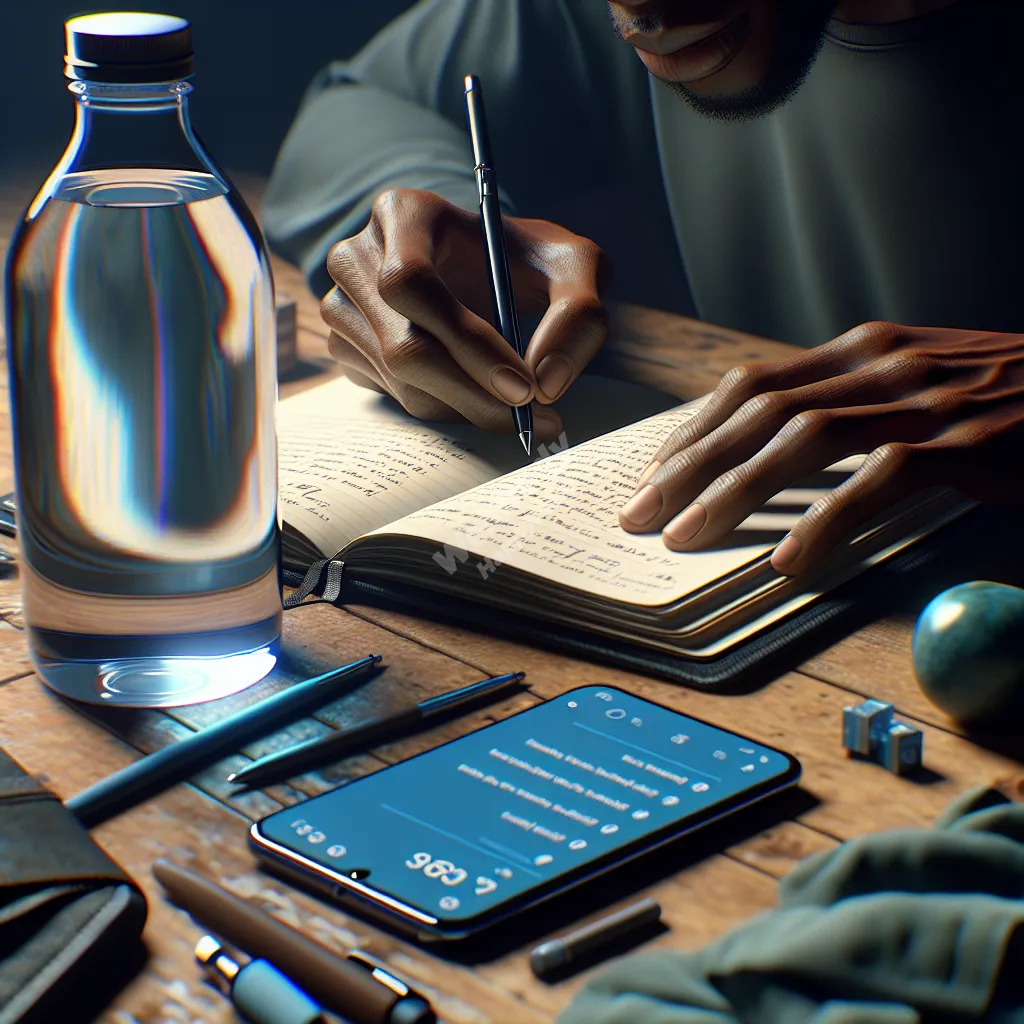 A person tracking their water intake in a journal, with a water bottle and smartphone nearby